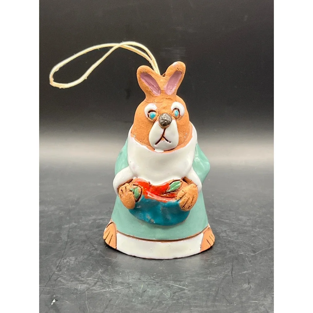 Vtg. Clay Glazed Pottery Bunny Rabbit Figurine Bell Ornament Teal Fruit‎ 3.25